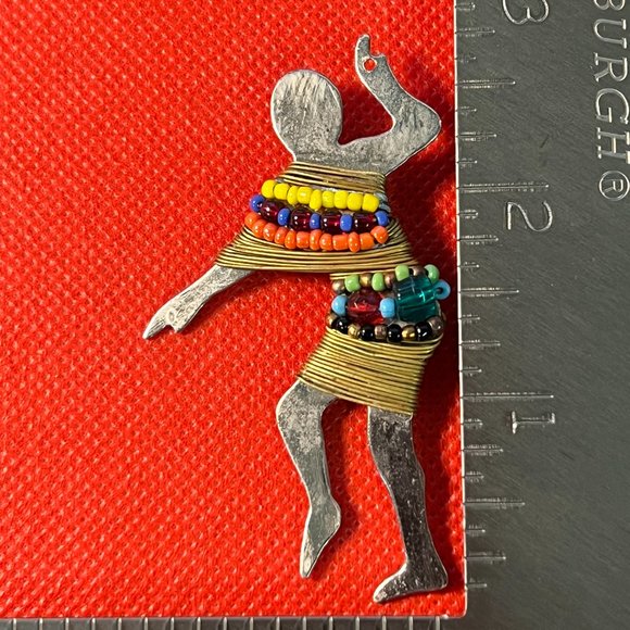 Artisan Made Dancing Woman Silver Tone with Gold Wire/Czech Beads Brooch Pin - Picture 3 of 3